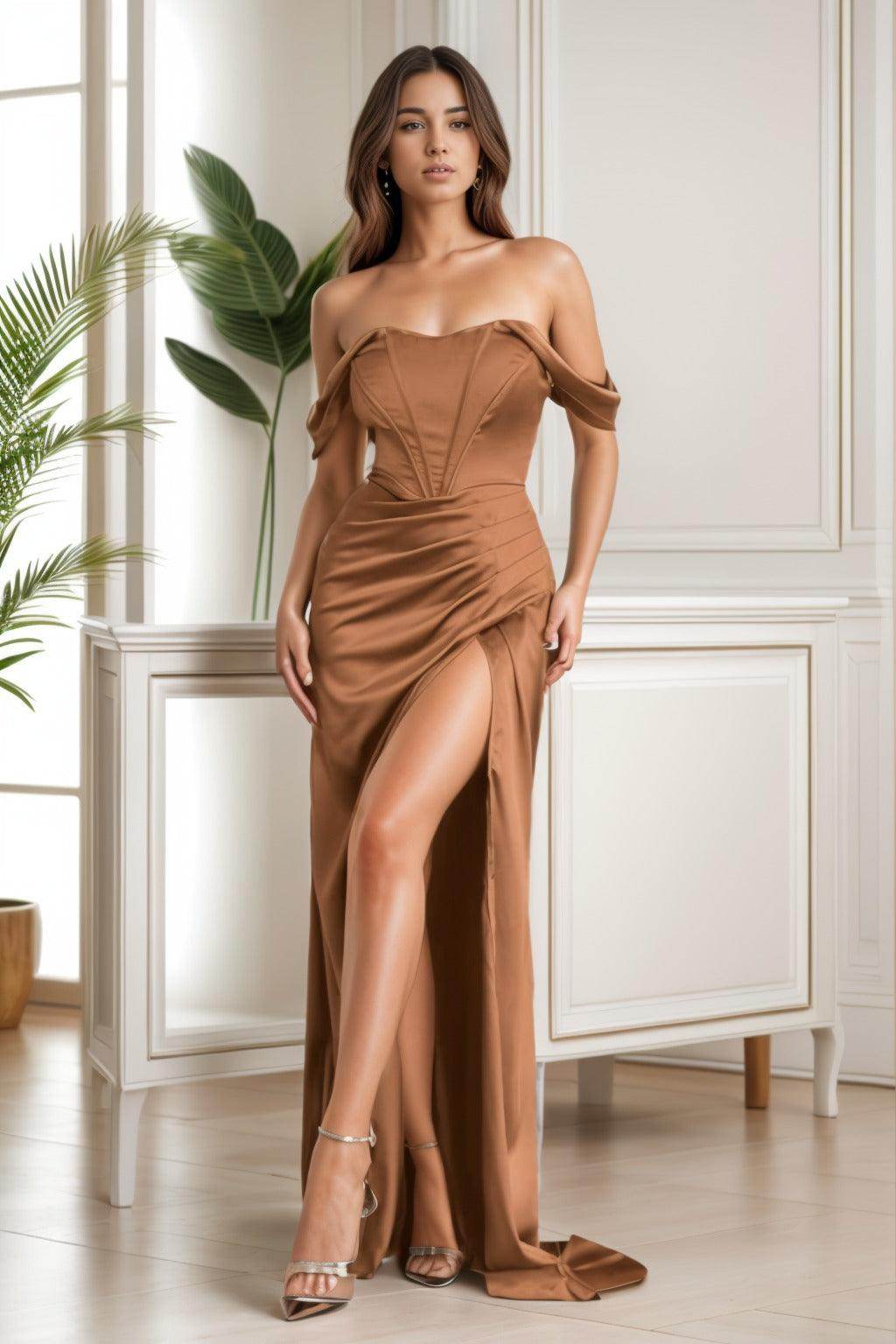 Sheath-Column Sweep-Brush Train Satin Prom Dress CS0418 - COCOMELODY