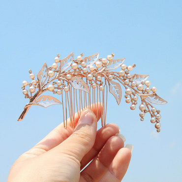 INS style bridal bridal headpiece alloy hollow leaf hair comb Pearl rhinestone disc hair insert comb 597016876018 - COCOMELODY