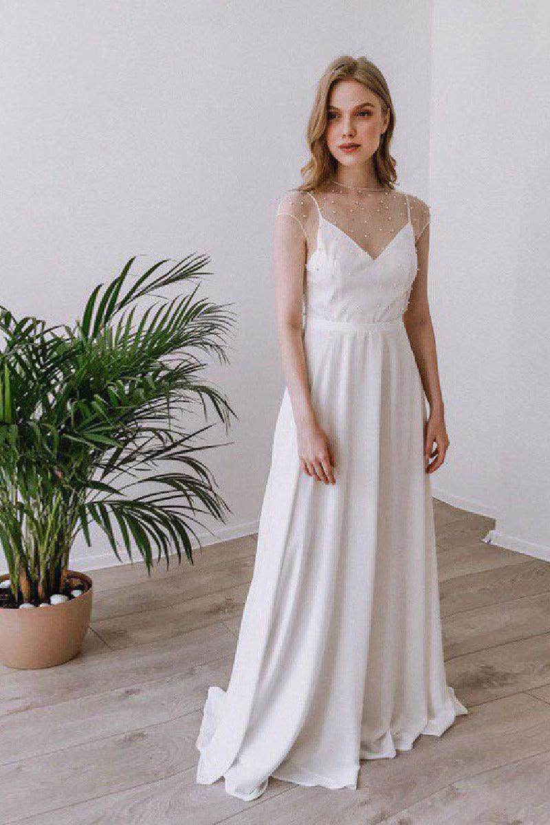 A-Line Sweep-Brush Train Chiffon Wedding Dress 650178936693 - COCOMELODY