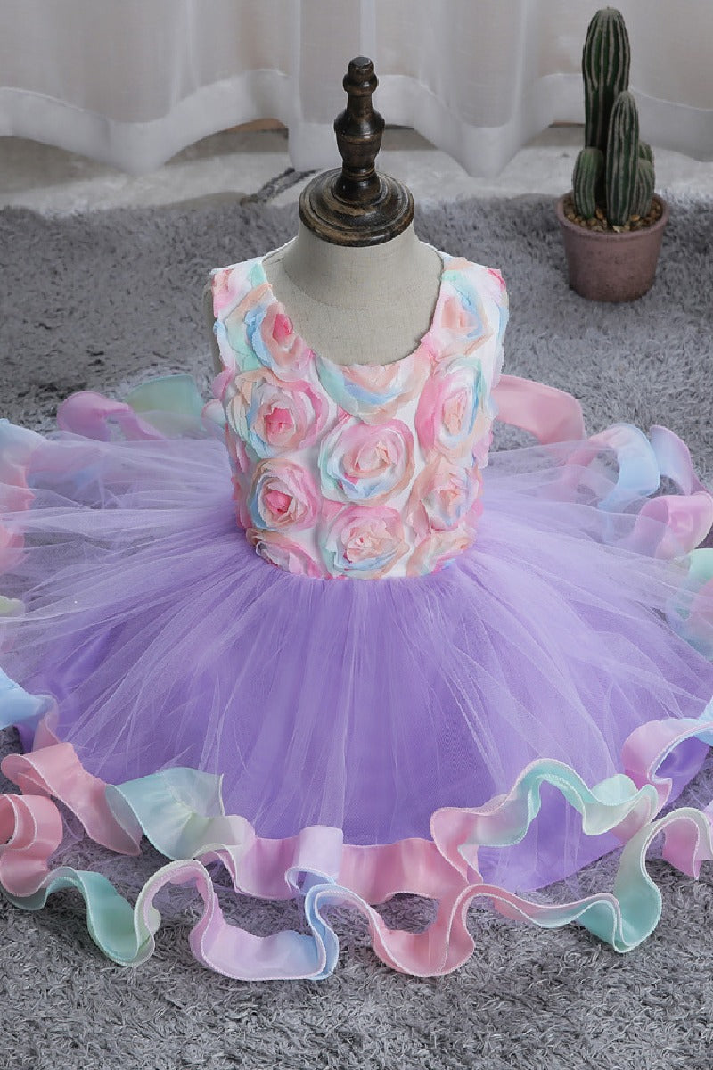 Short A-Line Sleeveless Round Neck Rainbow Ruffled Hem Tulle Knee Length Flower Girl Dresses 1029089635642