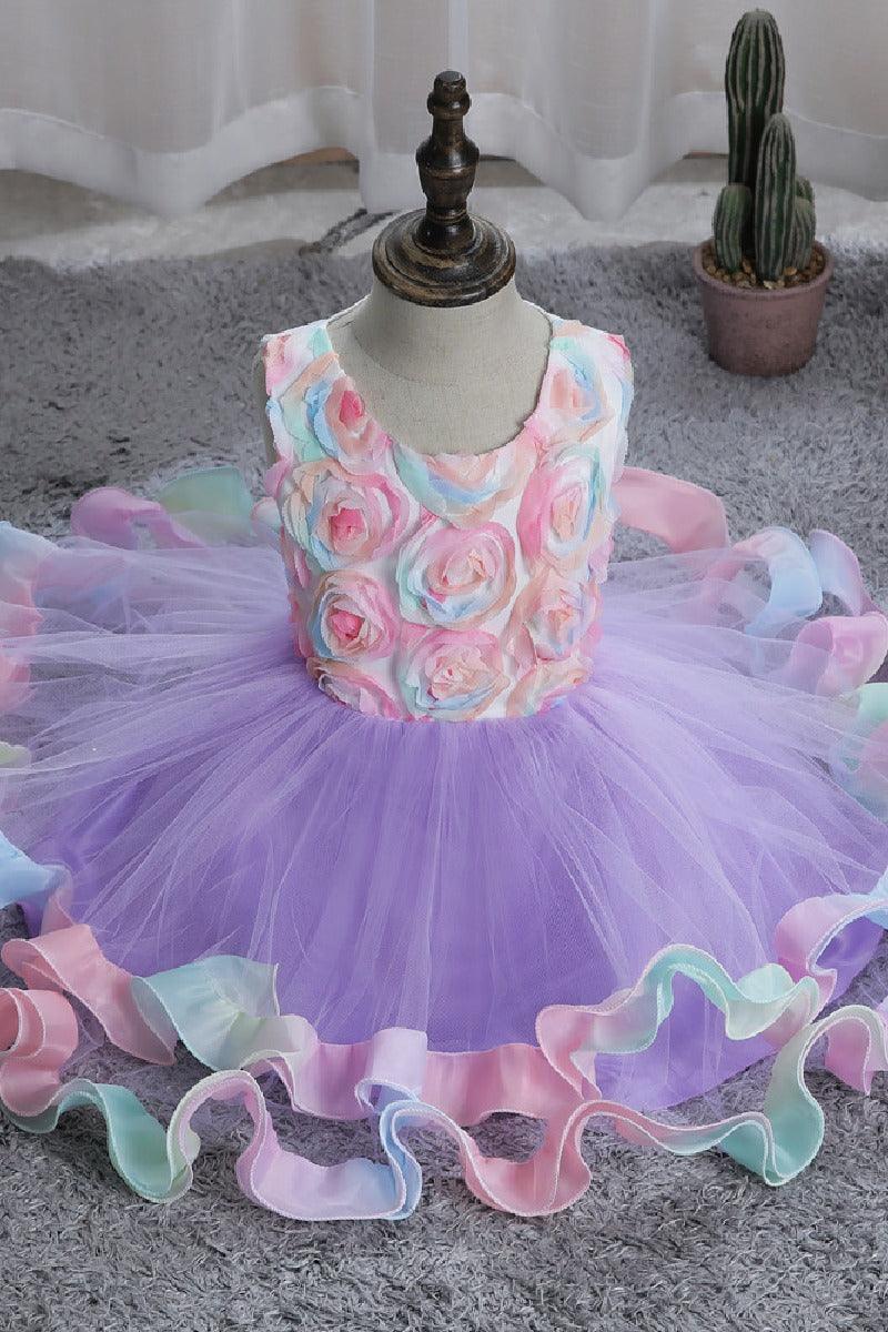 Short A-Line Round Neck Rainbow Ruffled Tulle Knee Length Flower Girl Dresses 1029089635642 - 7 Days / Purple / 100cm - COCOMELODY