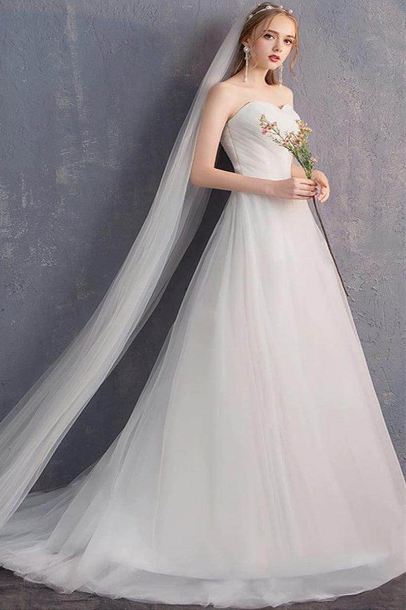 A-Line Sweep-Brush Train Tulle Wedding Dress 862474999321 - COCOMELODY
