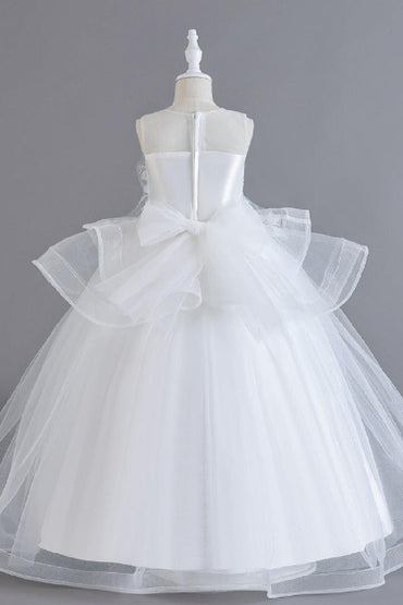 A-Line Illusion Neck Floor Length Tulle Organza Flower Girl Dresses 1062135888325 - 7 Days / White / 120cm - COCOMELODY