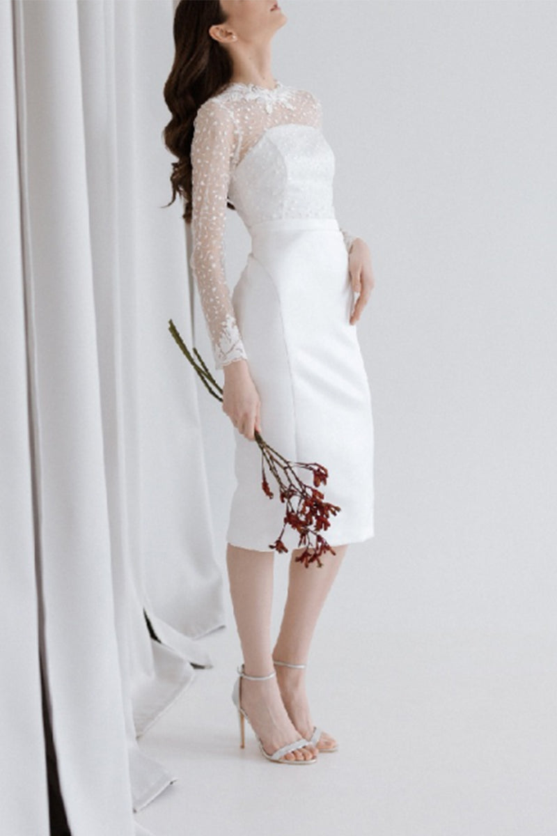 Sheath-Column Tea Length Lace Satin little white dress100002