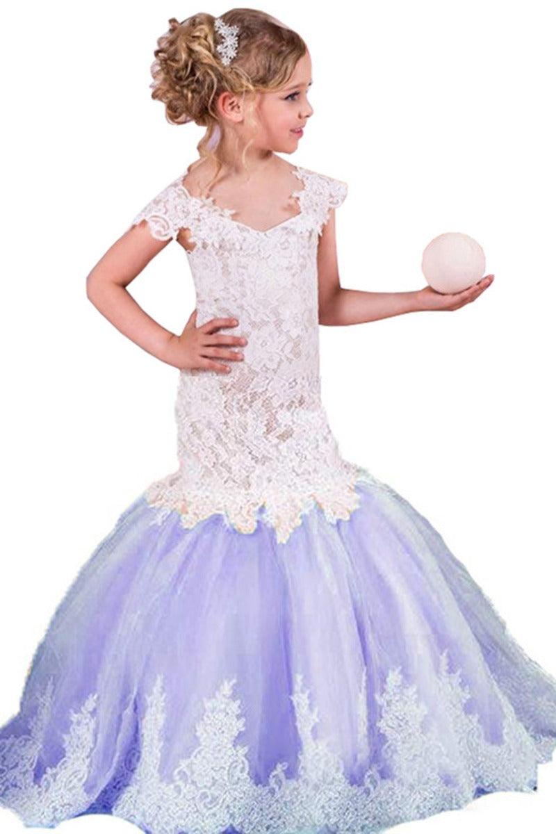Lace Mermaid Trumpet V-Neck Tulle Flower Girl Dresses 618222534813 - 7 Days / Purple / 2 - COCOMELODY
