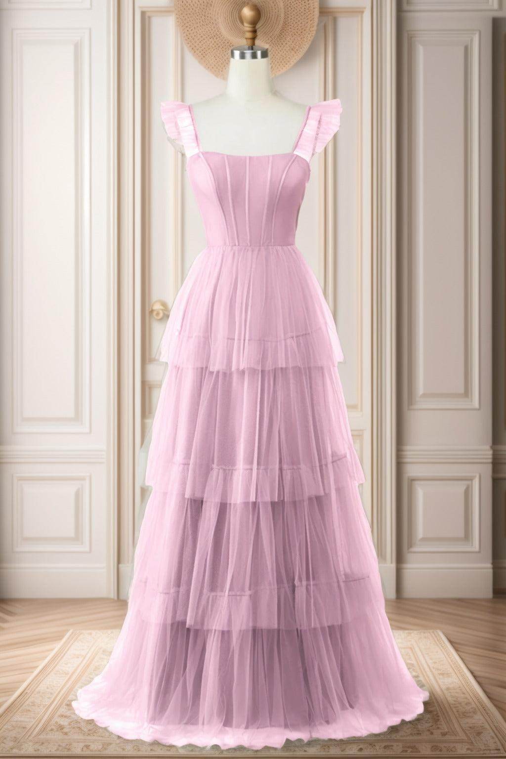 A-Line Sweep-Brush Train Tulle Prom Dress CS0471 - COCOMELODY