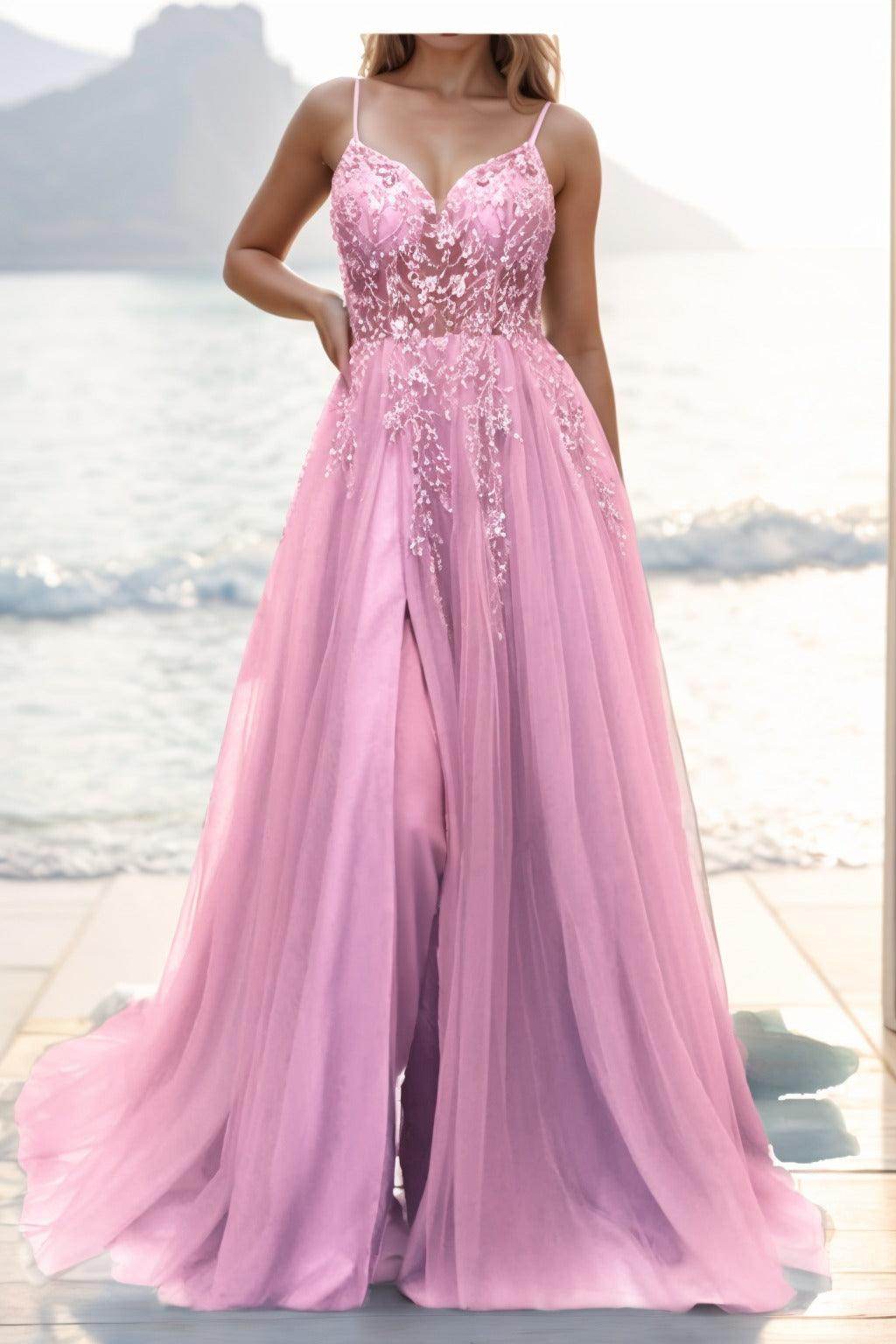 A-line Sweep-Brush Train Tulle Prom Dress CS0402 - COCOMELODY