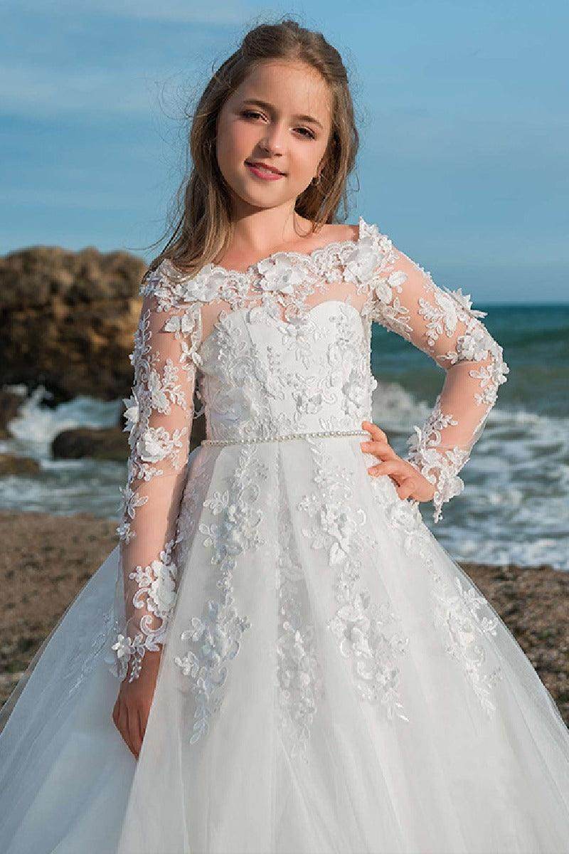A-Line Illusion Neck Long Sleeve Lace/Tulle Flower Girl Dresses 676090301354 - COCOMELODY