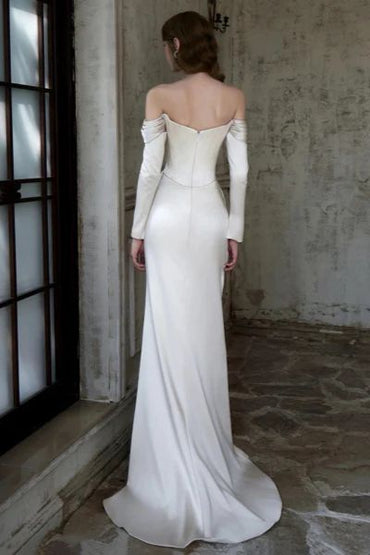 Sheath-Column Sweep-Brush Train Satin Wedding Dress 851237427674