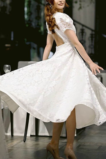 A-Line Tea Length Lace Little White Dress 100020 - COCOMELODY