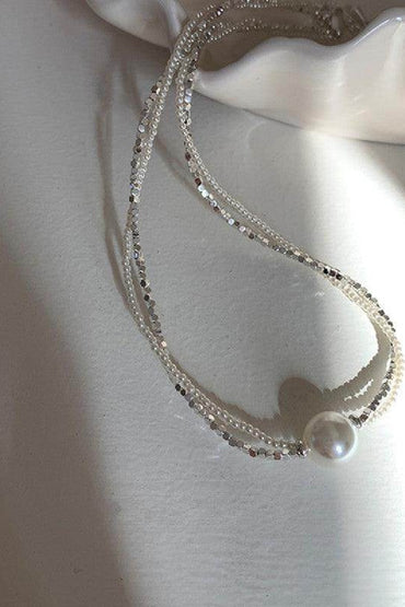Shredded silver pearl double necklace choker 800772966486