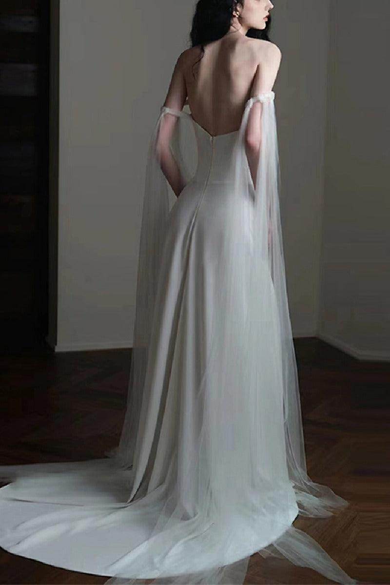 Sheath-Column Sweep-Brush Train Satin Wedding Dress 744497657577 - COCOMELODY