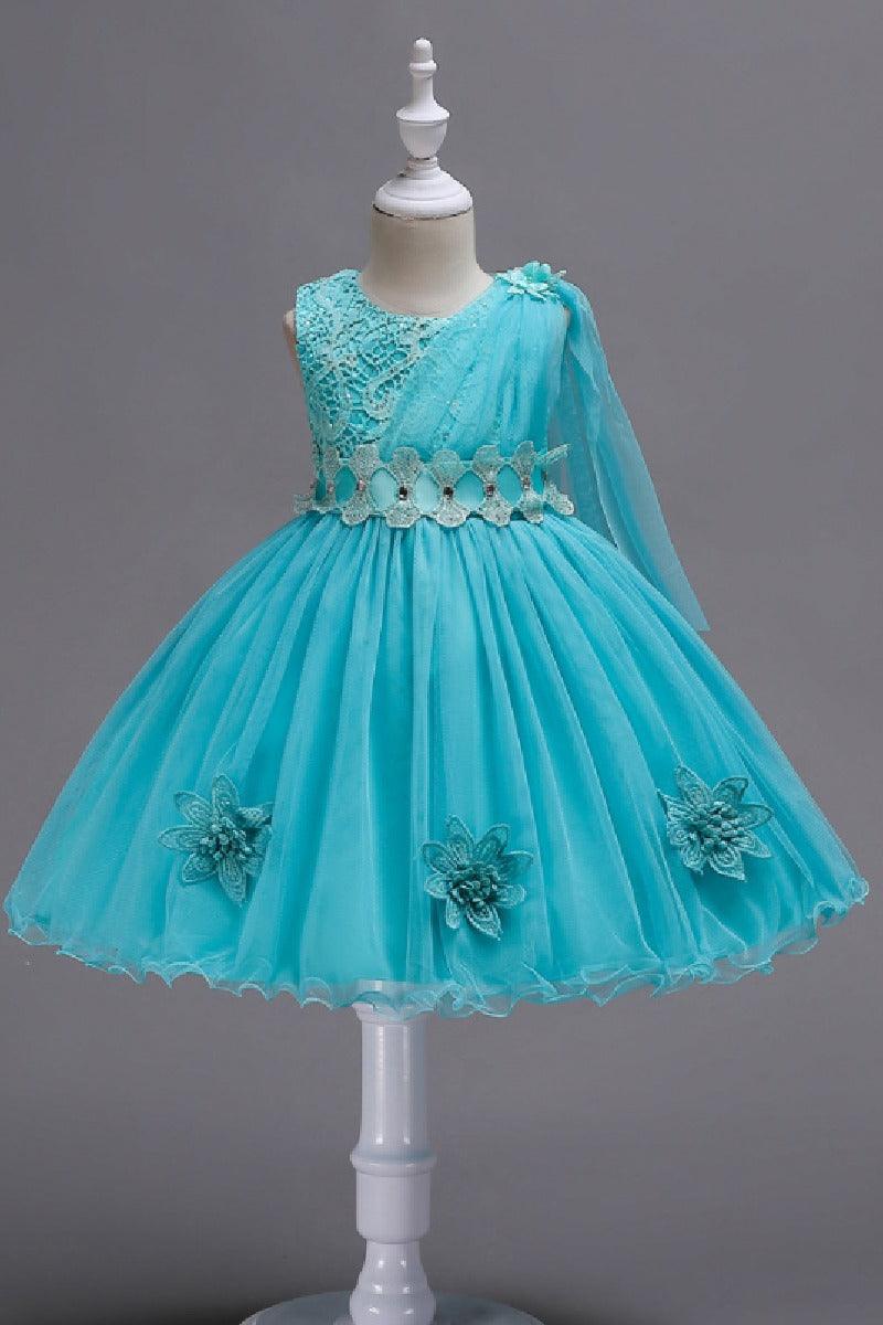 A-Line Asymmetric Single Tulle Scoop Neck Knee Length Flower Girl Dresses 1031495780881 - 7 Days / Turquoise / 110cm - COCOMELODY