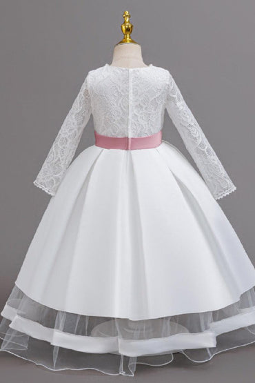 A-Line Pearl Neck Long Sleeve Satin Ankle Length Flower Girl Dresses 1049638009353 - 7 Days / white / 120cm - COCOMELODY