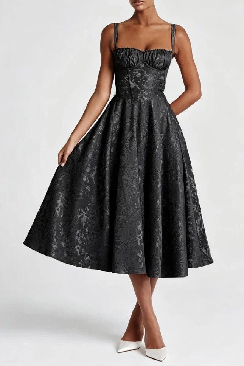 A-Line Tea Length Jacquard Satin Wedding Guest Dress 1038699395137 - 7 Days / Black / S - COCOMELODY