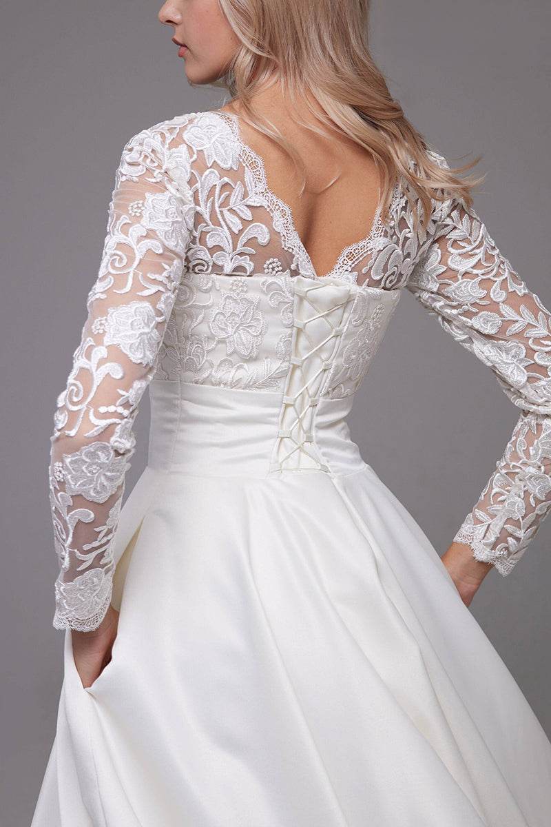 A-Line Tea Length Lace Satin Little White Dress 100017 - COCOMELODY