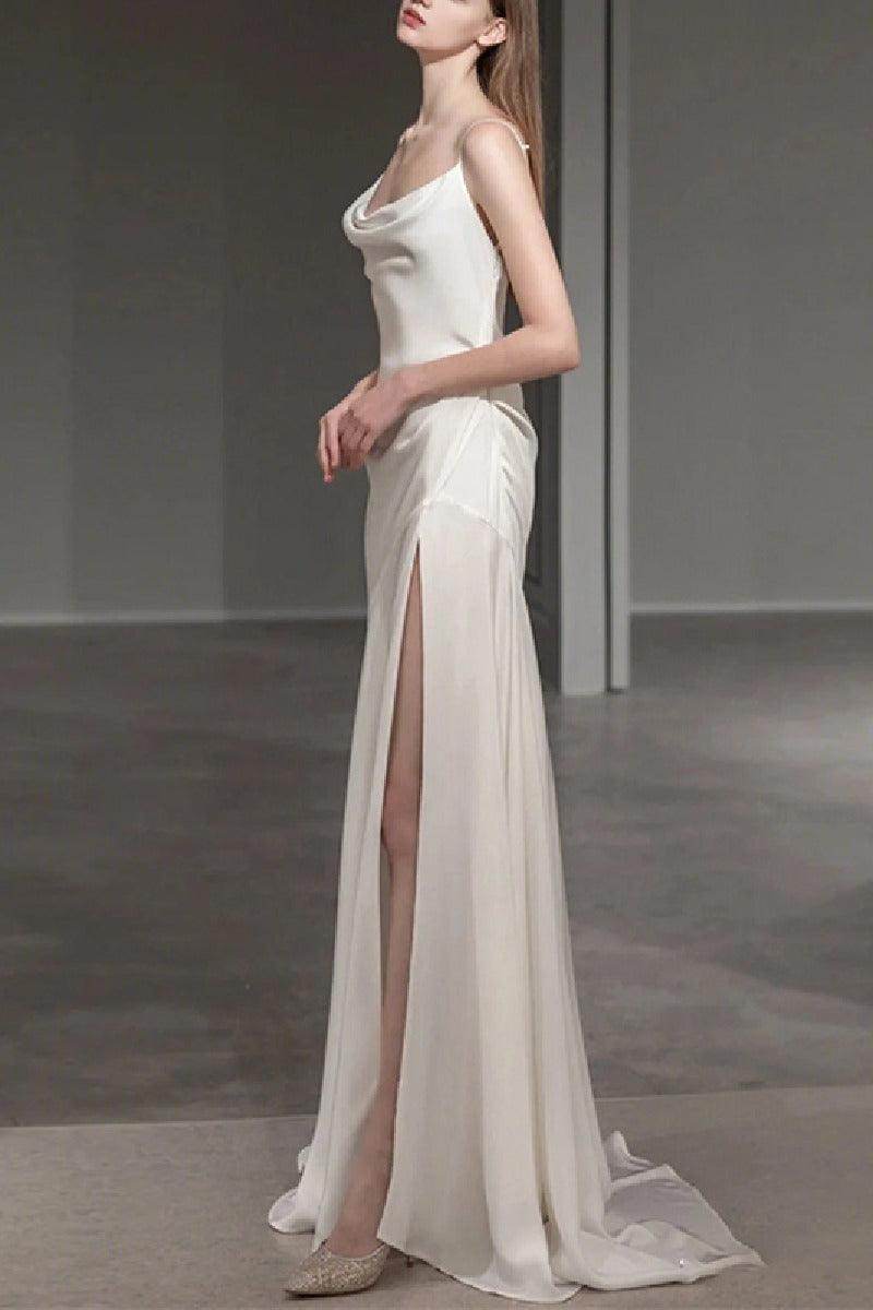 A-Line Sweep-Brush Train Luxuriant Satin Wedding Dress 697276695071 - COCOMELODY