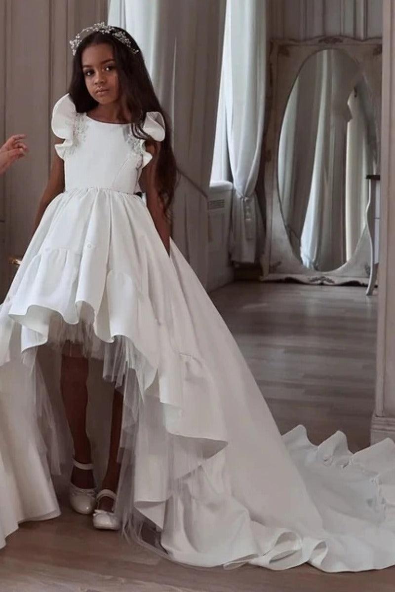Classic Flutter Cap Sleeve Plain Satin Flower Girl Dresses 937002922707 - 15 Days / White-High-Low / 2 - COCOMELODY