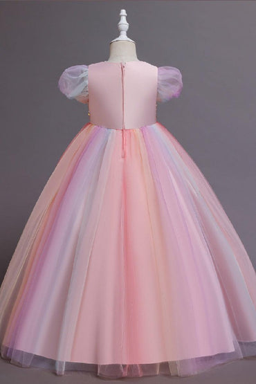 A-Line Short Puff Sleeve Sequin Rainbow Tulle Floor-Length Flower Girl Dresses 1029773142446 - 7 Days / As Picture / 110cm - COCOMELODY