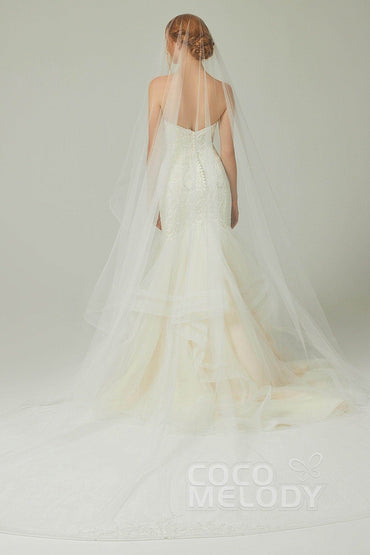 One-tier Lace Edge Tulle Cathedral Veils Appliques AV18020 - COCOMELODY