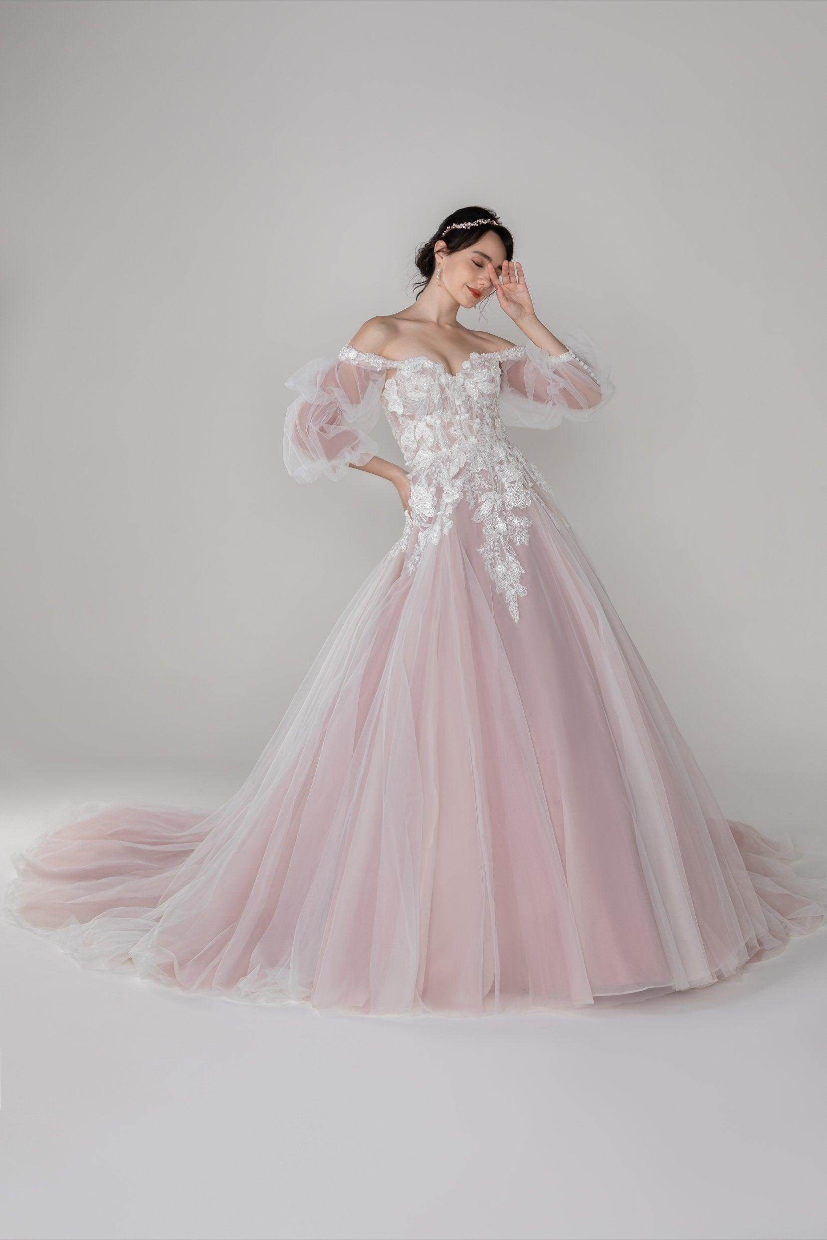 Tulle A-line Off the Shoulder Long Puff Sleeves Wedding Dress