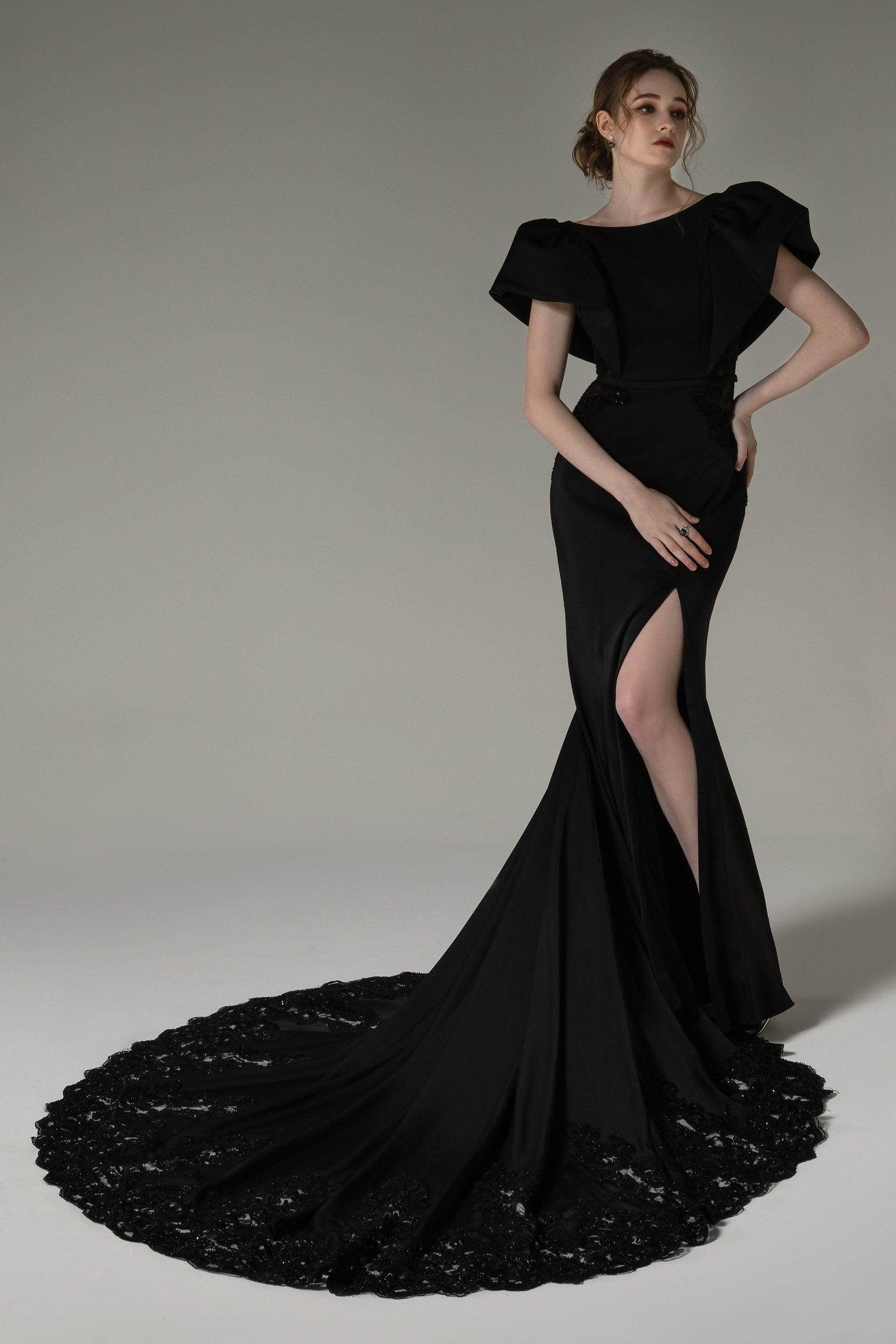 Black Trumpet Open Back Stretch Satin Split Wedding Dress COCOMELODY CW2490, 45 Days / Black / US4-UK6-EUR34 Black Trumpet Open Back Stretch Satin Split Wedding Dress COCOMELODY CW2490, 45 Days / Black / US4-UK6-EUR34