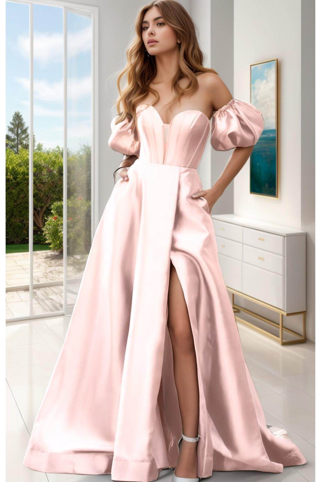 A-Line Sweep-Brush Train Satin Prom Dress CS0448 - COCOMELODY