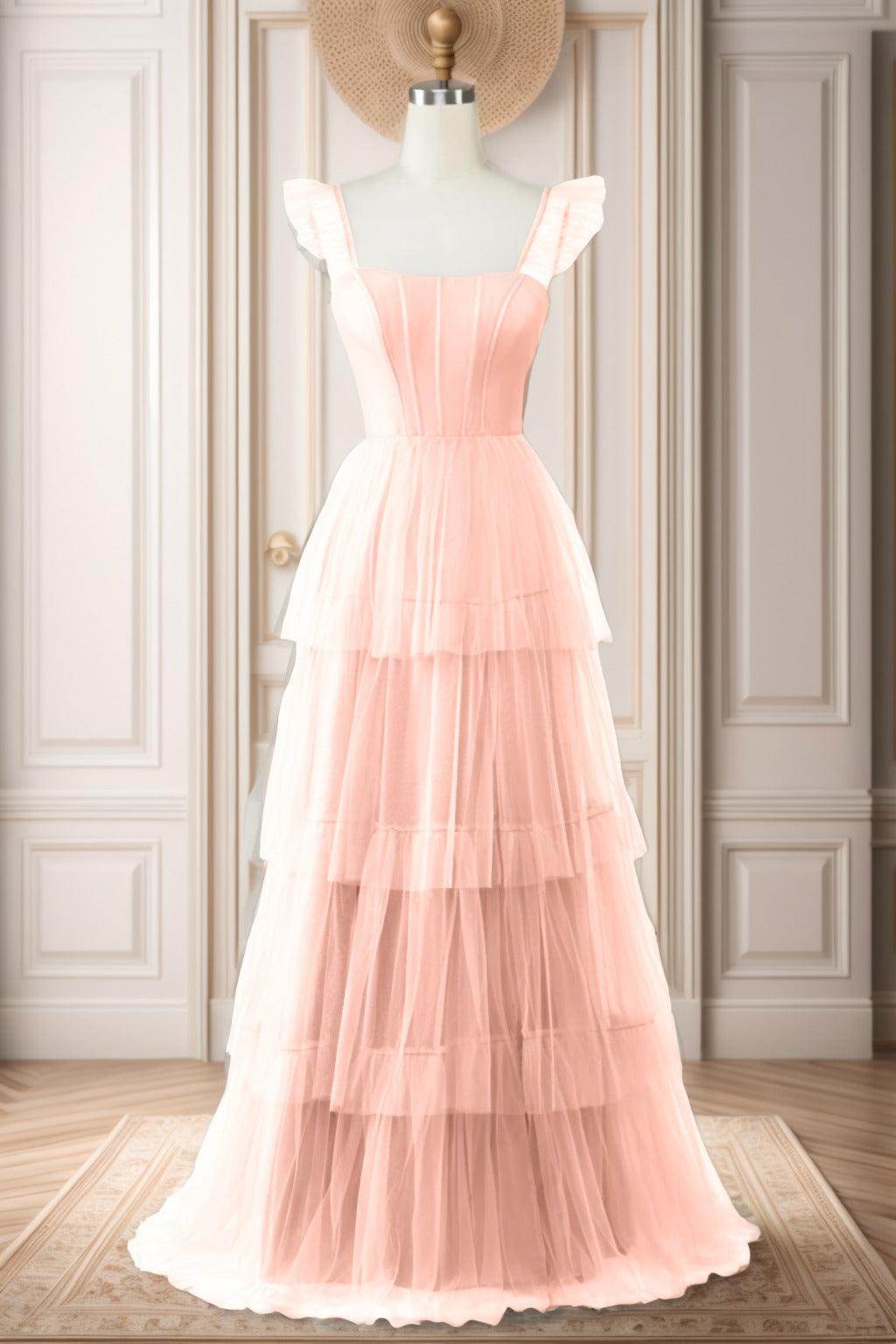 A-Line Sweep-Brush Train Tulle Prom Dress CS0471 - COCOMELODY