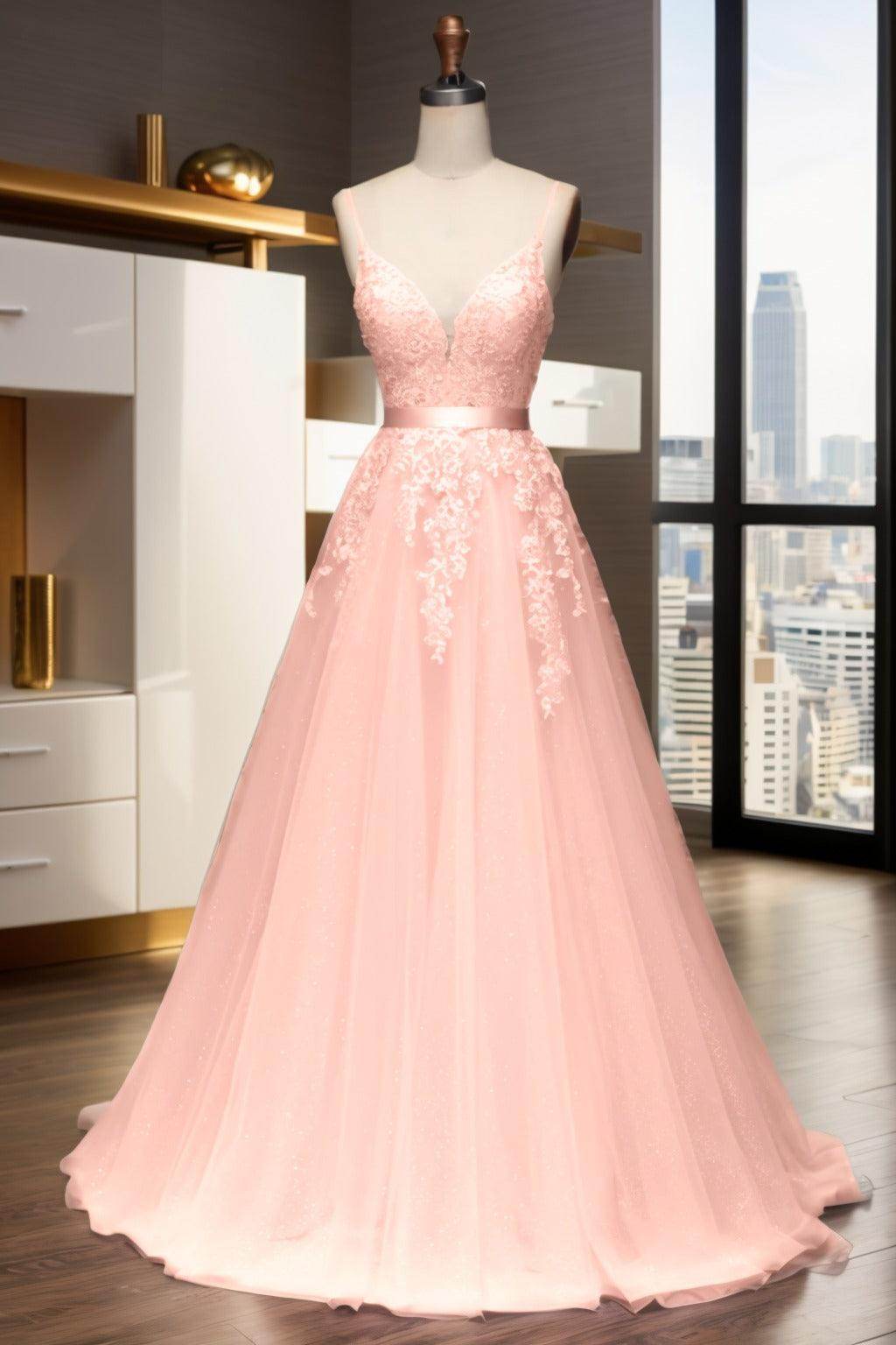A-Line Sweep-Brush Train Tulle Prom Dress CS0464 - COCOMELODY