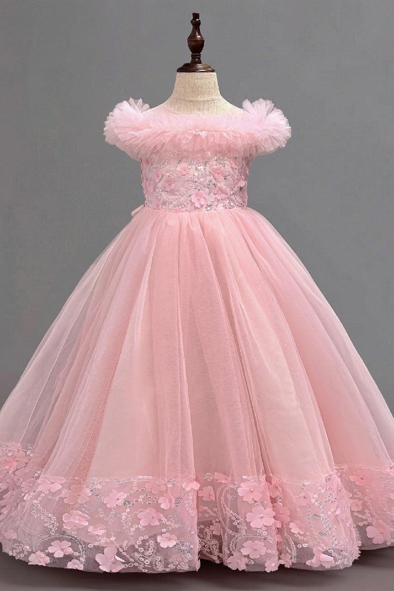 A-Line Off The Shoulder Sleeves Floor Length Tulle Flower Girl Dresses 1050836973299 - 7 Days / Pink / 110cm - COCOMELODY
