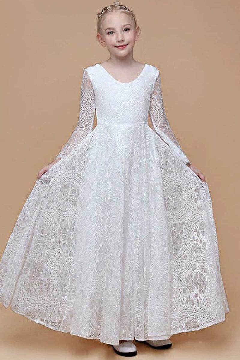 A-Line Scoop Neck Long Sleeve Lace Maxi Flower Girl Dresses 739220885327 - COCOMELODY