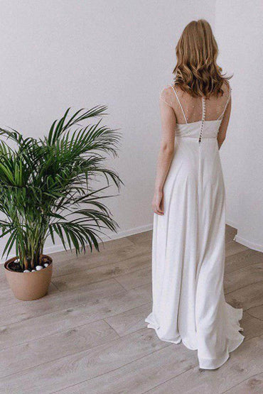 A-Line Sweep-Brush Train Chiffon Wedding Dress 650178936693 - COCOMELODY