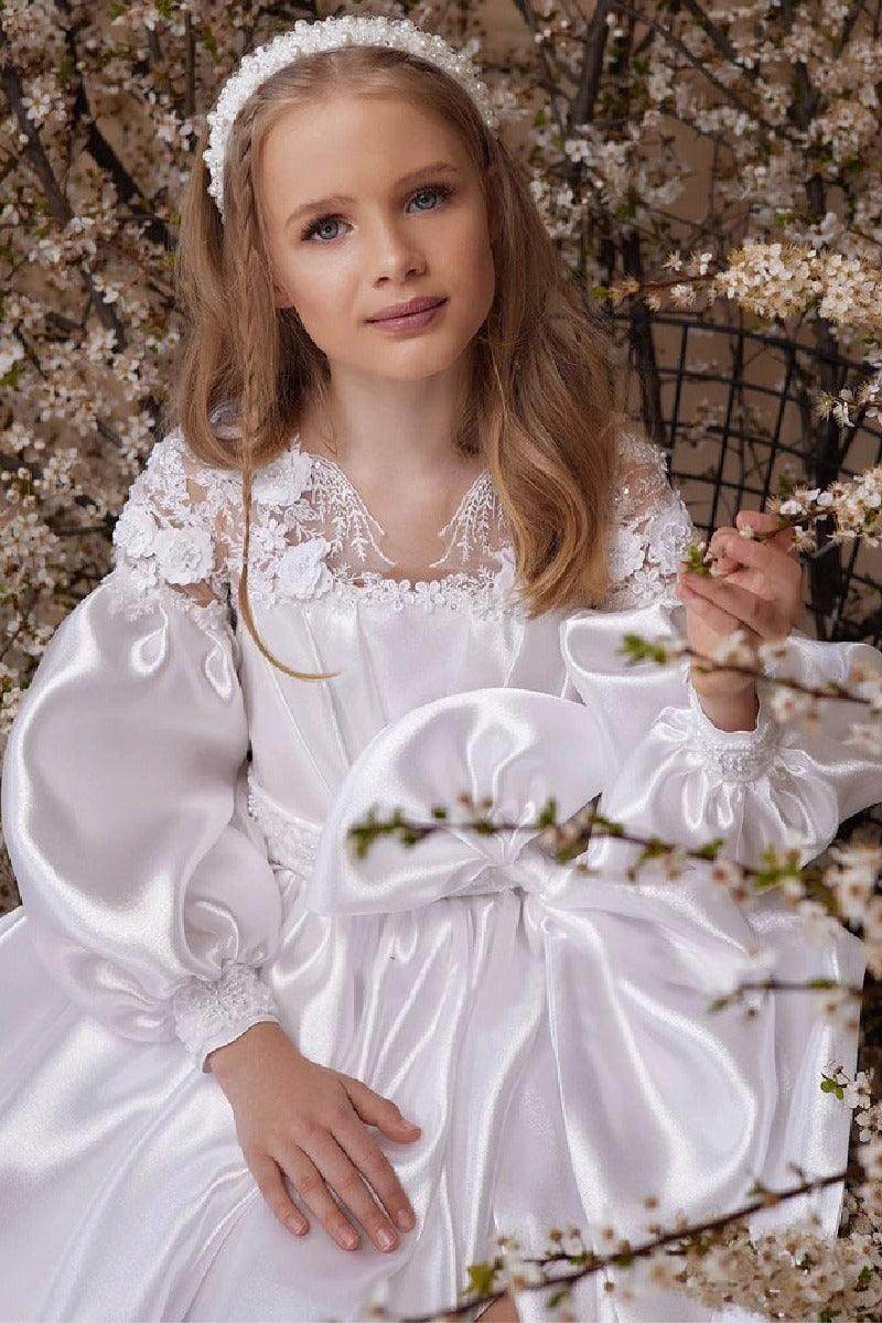 A-Line Illusion Neck Long Sleeve Satin Flower Girl Dresses 750796600612 - COCOMELODY