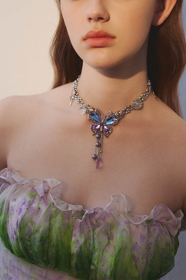 Water drop tassel butterfly diamond Necklace 873960697326 - COCOMELODY