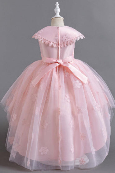 Princess Peter Pan Collar Lace Trim High-Low Floral Tulle Flower Girl Dresses 1030171849352 - 7 Days / Blue / 110cm - COCOMELODY