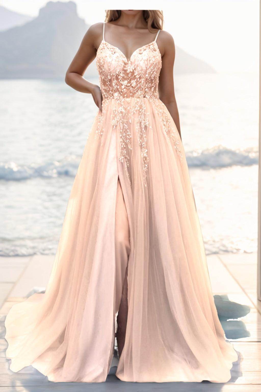 A-line Sweep-Brush Train Tulle Prom Dress CS0402 - COCOMELODY