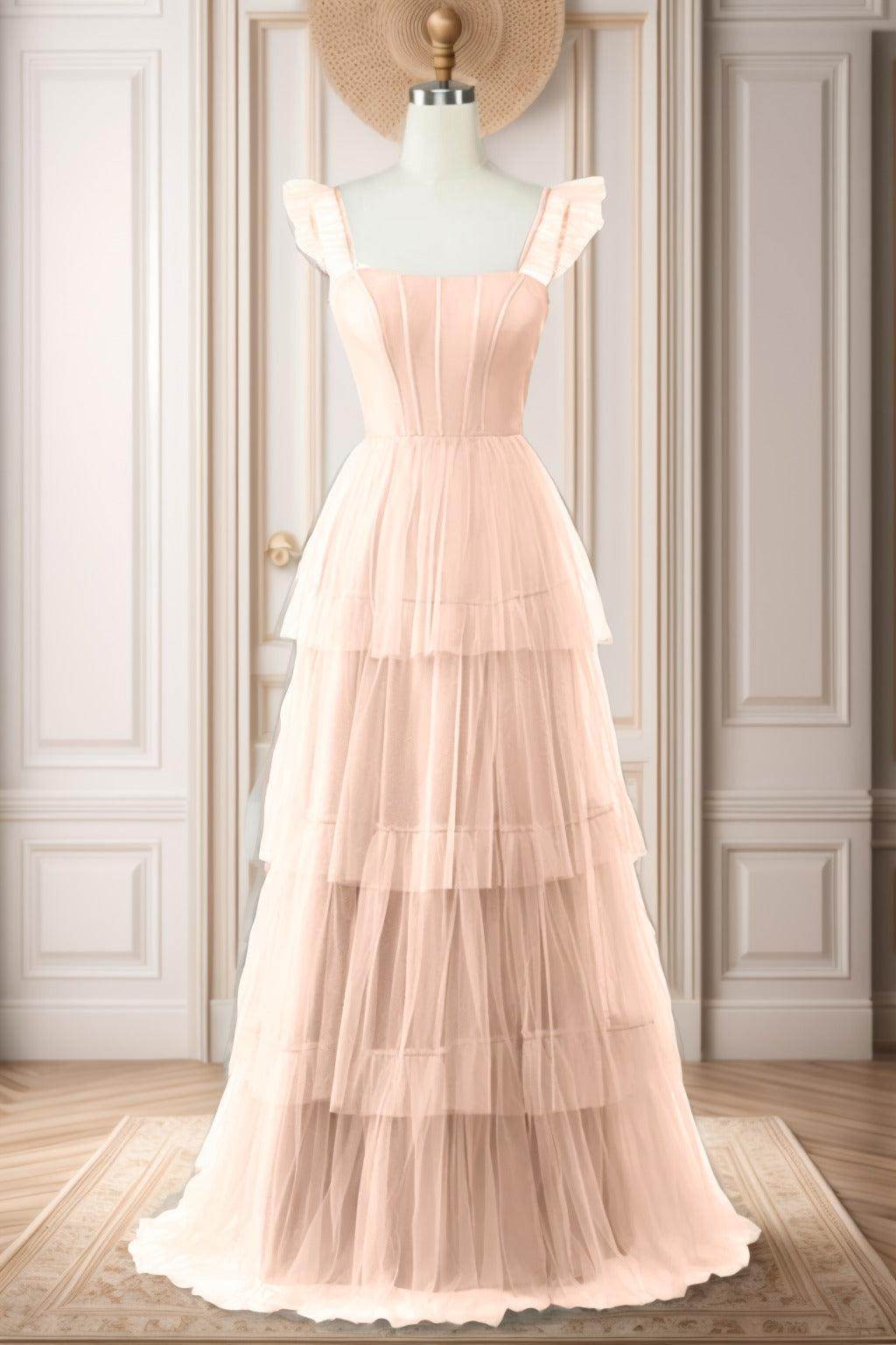 A-Line Sweep-Brush Train Tulle Prom Dress CS0471 - COCOMELODY