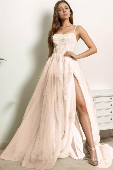 A-Line Sweep-Brush Train Tulle Prom Dress CS0415 - COCOMELODY