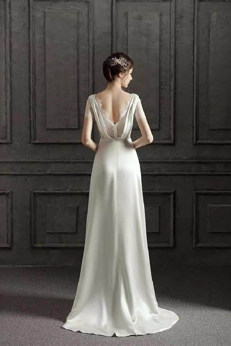 A-Line Sweep-Brush Train Satin Wedding Dress 687832654102 - COCOMELODY