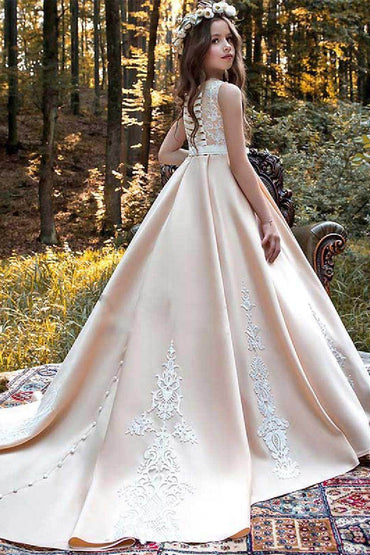 Ball-Gown Scoop Neck Sleeveless Satin Court Train Flower Girl Dresses 607388729160 - COCOMELODY