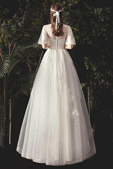 A-Line Floor Length Lace Sparkle Tulle Wedding Dress 679817491233 - COCOMELODY