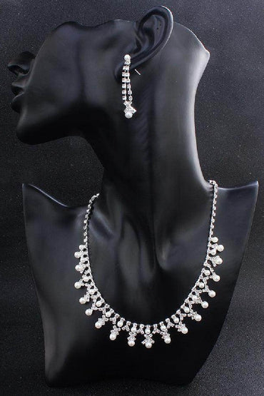 Jewelry Pearl Rhinestone Necklace Earrings 2-Piece Set 527668596787