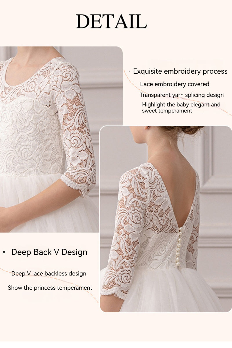 Ball-Gown Illusion Neck 3/4 Length Sleeve Lace/Tulle Flower Girl Dresses With Lace 855880153423 - COCOMELODY