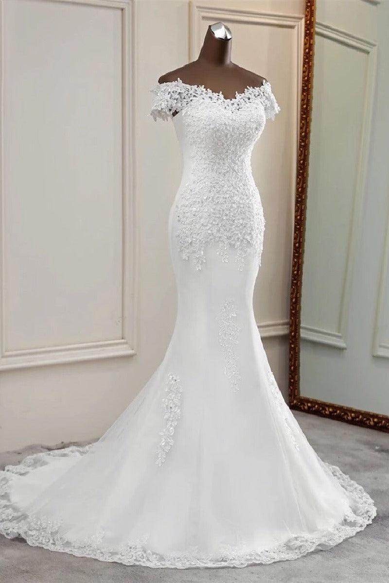 Trumpet-Mermaid Sweep-Brush Train Lace Tulle Wedding Dress 670594800287 - COCOMELODY