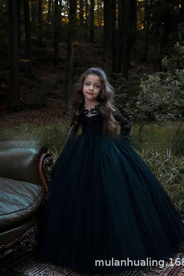 Sweetheart Illusion Neck Lace Long Sleeve Tulle Flower Girl Dresses 617804439666 - 10 Days / Black / 2 - COCOMELODY
