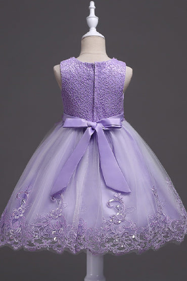 A-Line Round Neck Sleeveless Lace Short Tulle Knee Length Flower Girl Dresses 1029768430343