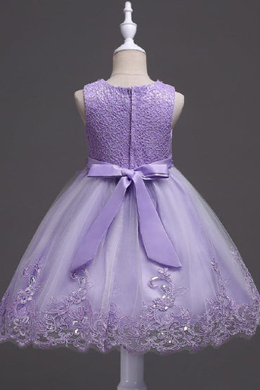 A-Line Round Neck Sleeveless Lace Short Tulle Knee Length Flower Girl Dresses 1029768430343 - 7 Days / Purple / 100cm - COCOMELODY