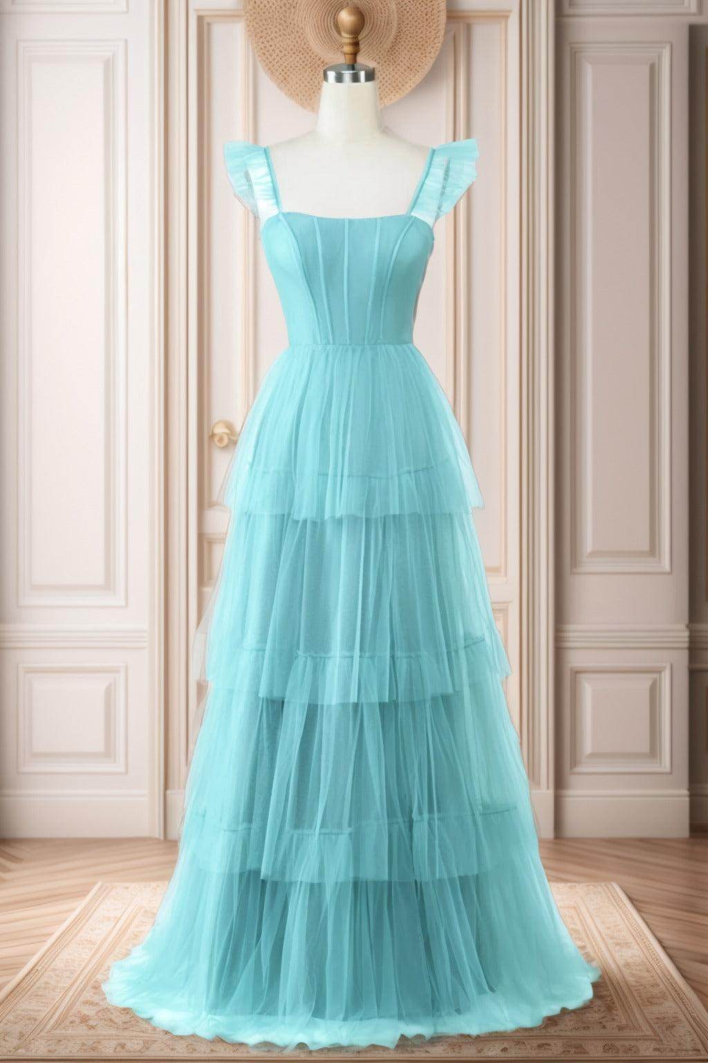 A-Line Sweep-Brush Train Tulle Prom Dress CS0471 - COCOMELODY
