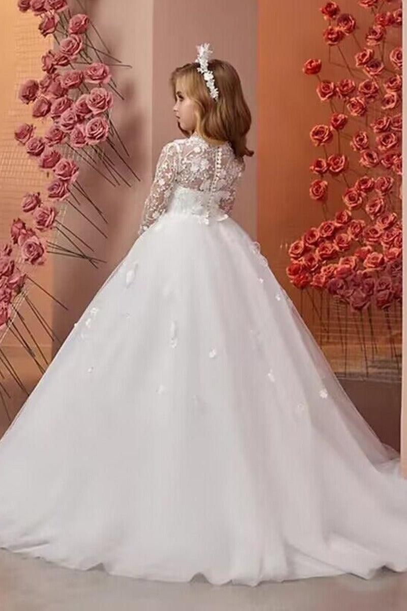 Ball Gown Illusion Round Neck Tulle Sweep-Brush Train Flower Girl Dresses 771181198778 - 7 Days / Ivory / 2 - COCOMELODY