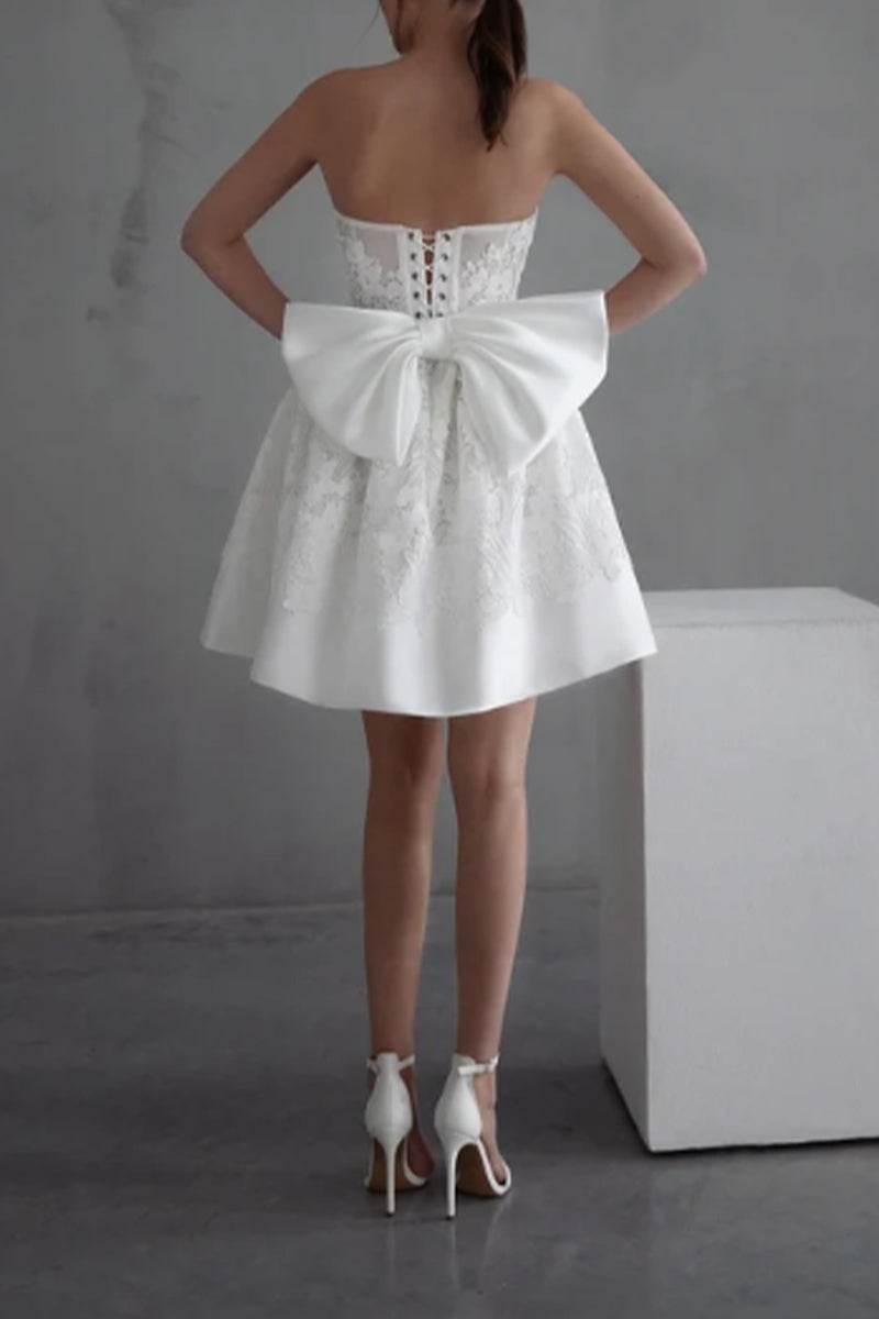 A-Line Mini Lace Satin Little White Dress 1665114750 - COCOMELODY